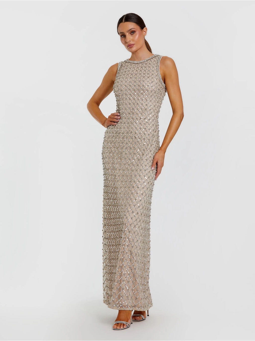 Mac Duggal 10129 Beige Embellished High Neck Column Gown Sz 8